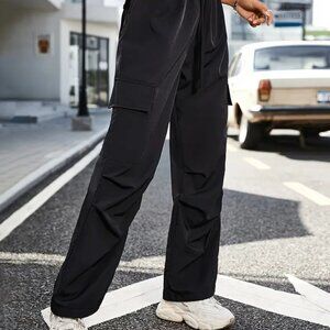 NEW Flap Pocket Side Cargo Pants Black Elastic Waist Sz Small
